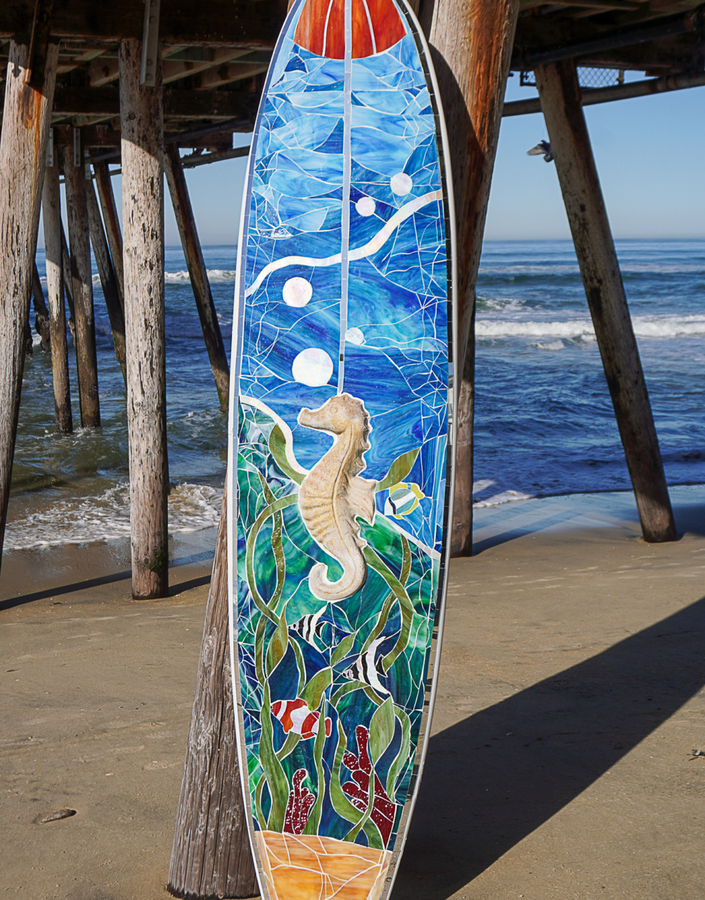 Seahorse and Ocean Themed Mosaic Surfboard
