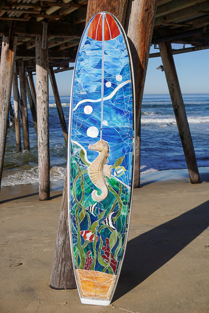 Seahorse and Ocean Themed Mosaic Surfboard