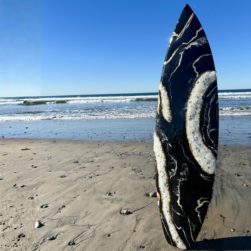 Black Surfboard Art with epoxy resin gold inlay and crystal quartz geode