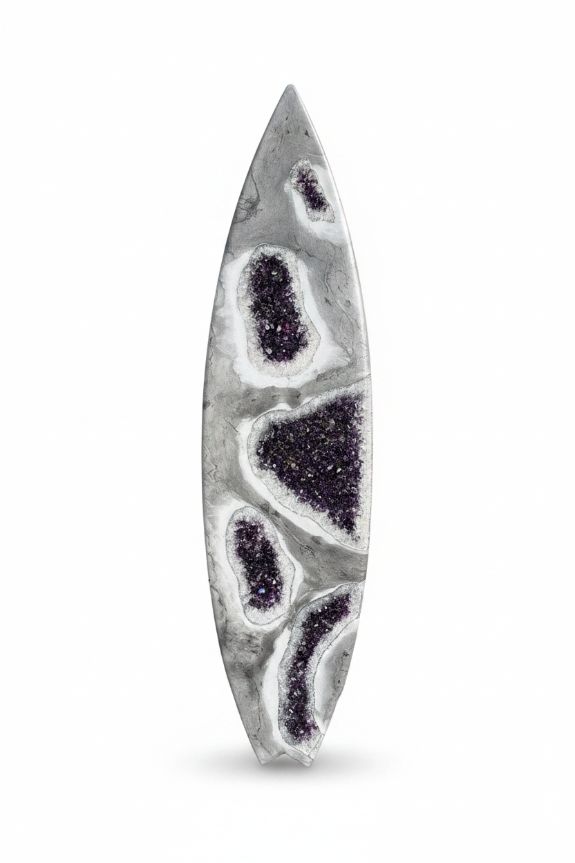 Amethyst Surfboard with purple stones and quartz crystals