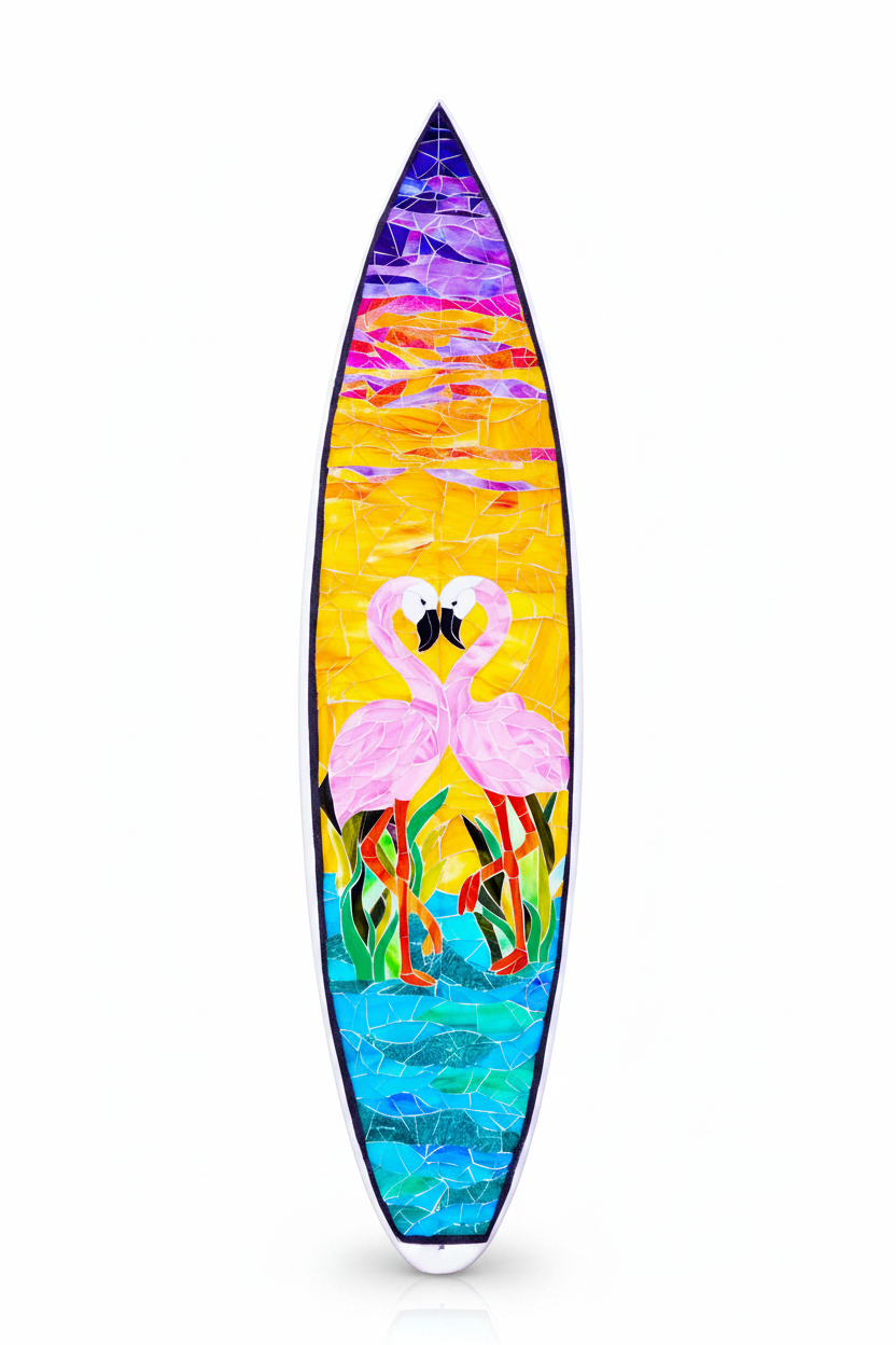 Stained Glass Mosaic of 2 flamingos laid down on a surfboard
