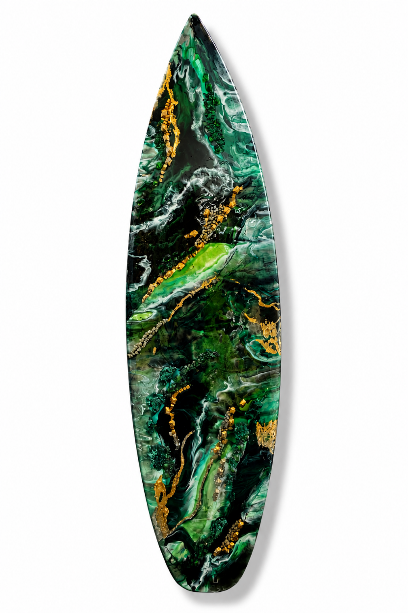Epoxy Resin green, black, and gold with textured rocks embedded